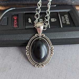 Mens Obsidian Pendant with Curb Chain, Black Gemstone Jewelry Gift for Him