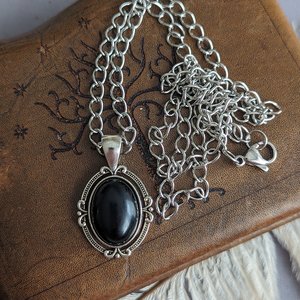 Mens Obsidian Pendant with Curb Chain, Black Gemstone Jewelry Gift for Him