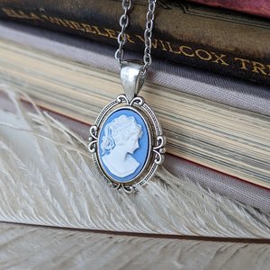 Blue Cameo Necklace, Victorian Gothic Jewelry, Vintage Style Something Blue for Bride Jewelry