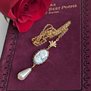 Blue Cameo Necklace with Pearl, 14K Gold Plated Historical Costume Jewelry, Romantic Vintage Inspired Pendant, Gift for Wife
