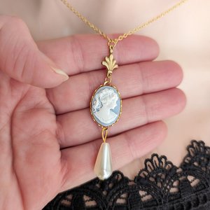 Blue Cameo Necklace with Pearl, 14K Gold Plated Historical Costume Jewelry, Romantic Vintage Inspired Pendant, Gift for Wife