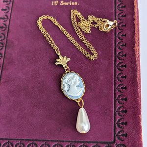 Blue Cameo Necklace with Pearl, 14K Gold Plated Historical Costume Jewelry, Romantic Vintage Inspired Pendant, Gift for Wife