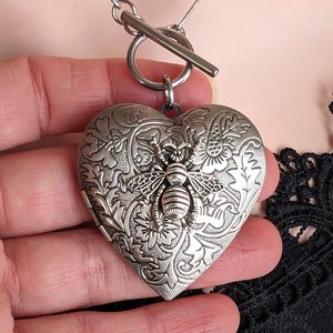 Heart Locket Toggle Necklace, Flat Paperclip Chain Choker, Silver Floral Design, Bee Jewelry, Valentines Gift for Girlfriend