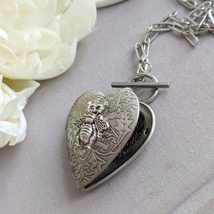 Heart Locket Toggle Necklace, Flat Paperclip Chain Choker, Silver Floral Design, Bee Jewelry, Valentines Gift for Girlfriend