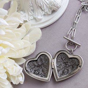 Heart Locket Toggle Necklace, Flat Paperclip Chain Choker, Silver Floral Design, Bee Jewelry, Valentines Gift for Girlfriend