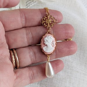 Pink Cameo Pearl Necklace, 14K Gold Plated, Historical Costume Jewelry, Romantic Vintage Inspired Pendant, Gift for Wife