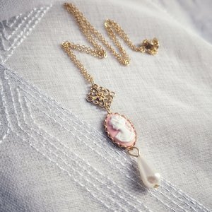 Pink Cameo Pearl Necklace, 14K Gold Plated, Historical Costume Jewelry, Romantic Vintage Inspired Pendant, Gift for Wife