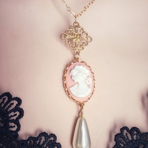 Pink Cameo Pearl Necklace, 14K Gold Plated, Historical Costume Jewelry, Romantic Vintage Inspired Pendant, Gift for Wife