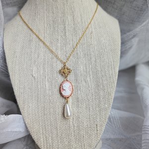 Pink Cameo Pearl Necklace, 14K Gold Plated, Historical Costume Jewelry, Romantic Vintage Inspired Pendant, Gift for Wife