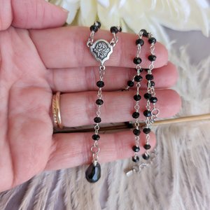 Black Y Minimalist Necklace, Gothic Jewelry, Black Goth Wedding, Retro Vintage Style, Rosary Bead Gift for Her