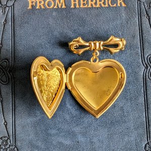 Brass Floral Heart Locket Brooch: Victorian Bridal Bouquet Keepsake