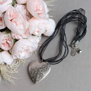 Silver Floral Engraved Puffy Heart Locket Choker Necklace with Black Ribbon, Vintage Style Statement Jewelry, Gift for Her