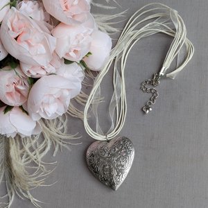 Silver Floral Engraved Puffy Heart Locket Choker Necklace with Black Ribbon, Vintage Style Statement Jewelry, Gift for Her