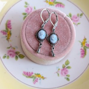 Dainty Blue & White Cameo Earrings, Silver Vintage Leaf Design Pendants, Victorian Style Jewelry, Regency Earrings, Historical Costume
