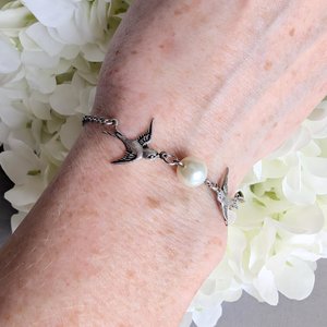 Silver Swallow Bracelet: Glass Pearl Bird Jewelry with Toggle Clasp