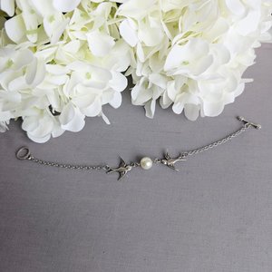 Silver Swallow Bracelet: Glass Pearl Bird Jewelry with Toggle Clasp