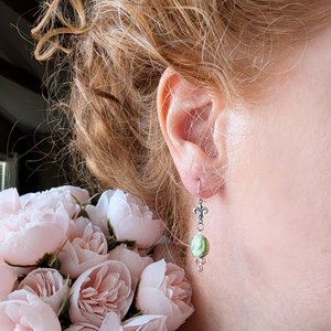 Green Cameo Earrings with Fleur de Lis and Pink Crystals, Vintage Style Jewelry Gift