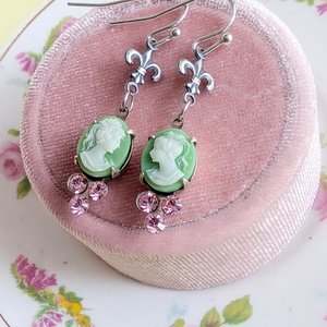 Green Cameo Earrings with Fleur de Lis and Pink Crystals, Vintage Style Jewelry Gift