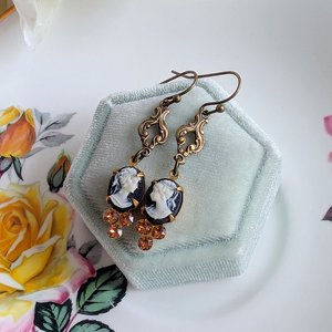 Victorian Style Cameo Earrings, White on Black with Antiqued Brass and Cognac Crystal Accents