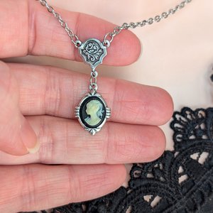 Dainty Cameo Necklace: Art Deco Silver Pendant, Vintage Style Gothic Jewelry