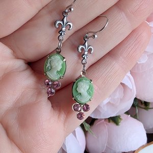 Green Cameo Earrings with Fleur de Lis and Pink Crystals, Vintage Style Jewelry Gift