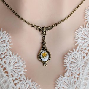 Regency Rose Necklace: Antiqued Bronze Tulip, Yellow Floral Cabochon