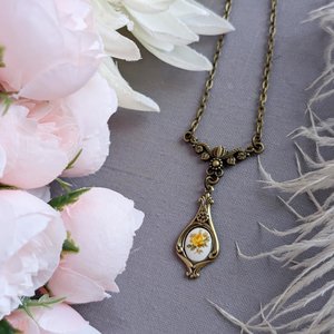 Regency Rose Necklace: Antiqued Bronze Tulip, Yellow Floral Cabochon