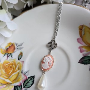 Pink Cameo Necklace: Silver Plated Pendant with Teardrop Pearl