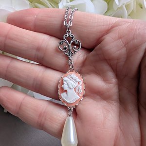 Pink Cameo Necklace: Silver Plated Pendant with Teardrop Pearl