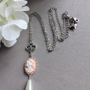 Pink Cameo Necklace: Silver Plated Pendant with Teardrop Pearl
