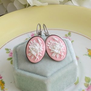 Pink Rose Cameo Leverback Earrings: Victorian Style Floral Jewelry