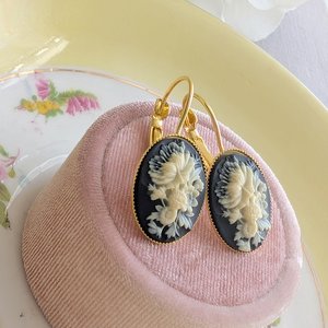 Ivory Flower Cameo Earrings: Black Vintage Gothic Style, Lever Back