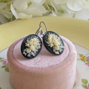 Ivory Flower Cameo Earrings: Black Vintage Gothic Style, Lever Back