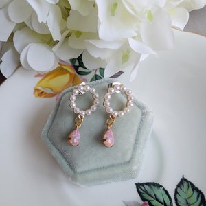 Pearl Halo Earrings: Pink Fire Opal Teardrop, Stainless Steel Posts, Vintage Style
