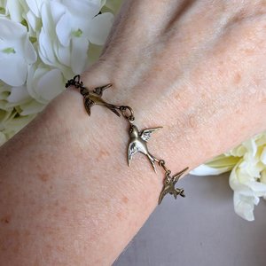 Bronze Swallow Bracelet, Dainty Trio of Flying Birds, Vintage Style Nature Jewelry