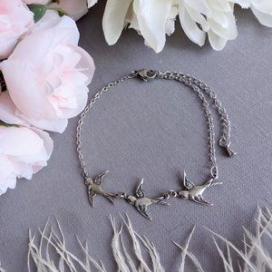 Bronze Swallow Bracelet, Dainty Trio of Flying Birds, Vintage Style Nature Jewelry