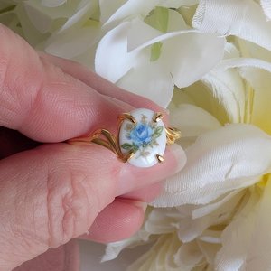 Blue Rose Ring in Gold Vermeil, Vintage Style Sterling Silver Jewelry Gift, Adjustable Size