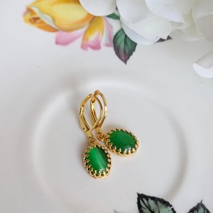 Gold Plated Crown Bezel Earrings with Green Cat’s Eye Stones, Elegant Vintage Inspired Jewelry