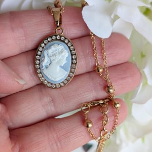 Gold Plated Cameo Necklace: Cubic Zirconia Halo, White on Blue Victorian Lady Pendant
