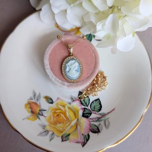Gold Plated Cameo Necklace: Cubic Zirconia Halo, White on Blue Victorian Lady Pendant