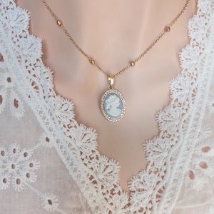 Gold Plated Cameo Necklace: Cubic Zirconia Halo, White on Blue Victorian Lady Pendant