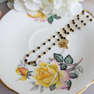 Black Beaded Rosary Chain Choker Necklace, Golden Brass Vintage Style Jewelry