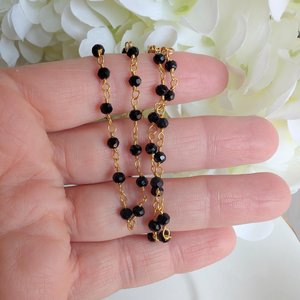 Black Beaded Rosary Chain Choker Necklace, Golden Brass Vintage Style Jewelry