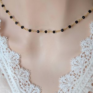 Black Beaded Rosary Chain Choker Necklace, Golden Brass Vintage Style Jewelry