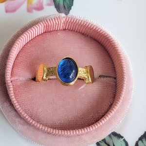 Antique Style Blue Cabochon Ring, Gold Plated Brass Adjustable, Vintage Inspired Statement Jewelry Gift