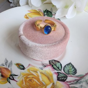 Antique Style Blue Cabochon Ring, Gold Plated Brass Adjustable, Vintage Inspired Statement Jewelry Gift