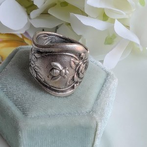 Silver Plated Spoon Ring: Bee & Flower, Adjustable Boho Ring