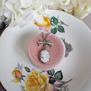Stainless Steel Cameo Pendant Necklace – White on Pink Lady Cameo with Bow Connector, Vintage Style Jewelry