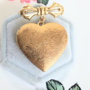 Brass Heart Locket Brooch: Floral Embossed Victorian Bridal Bouquet Keepsake