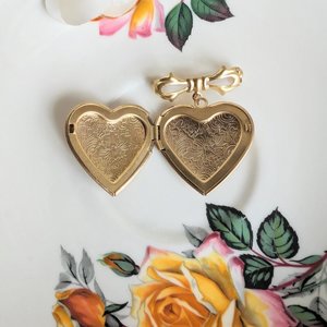 Brass Heart Locket Brooch: Floral Embossed Victorian Bridal Bouquet Keepsake